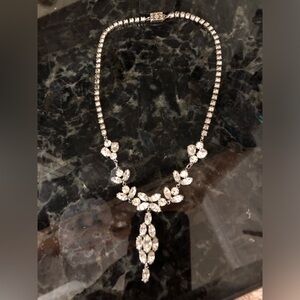 Elegant antique vintage rhinestone Silver Necklace with Crystal Accents